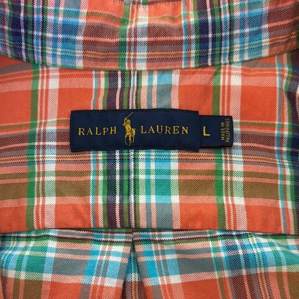 Polo Ralph Lauren Mens Orange Teal Plaid Button Down Shirt L‎ Cotton Long Sleeve